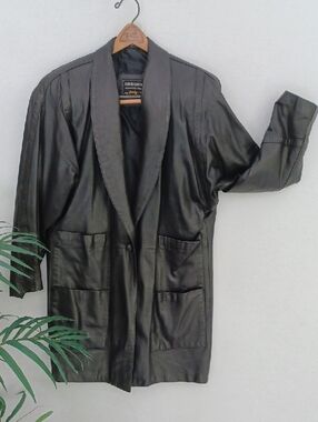 Classic Custom Vintage Black Leather 3/4 Length Jacket, Multi Pocket, 1 Button